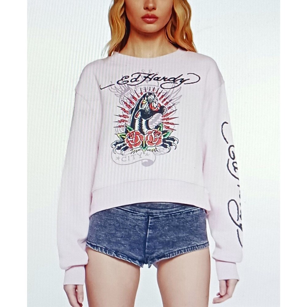 Ed Hardy Crop Crewneck Sweatshirt Light Pink Panther Rose  Y2K Tattoo Sz M